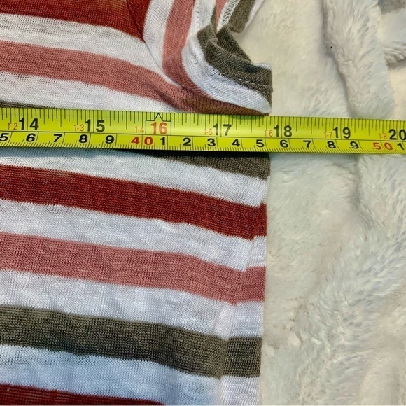 Linen Tee Medium White V-Neck Striped Olive Salmon Rust Short Sleeve 100% Linen - Picture 12 of 13